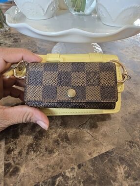 LOUIS VUITTON Damier Ebene Leather 4-Key Wallet w/ Pastel Yellow Minibag